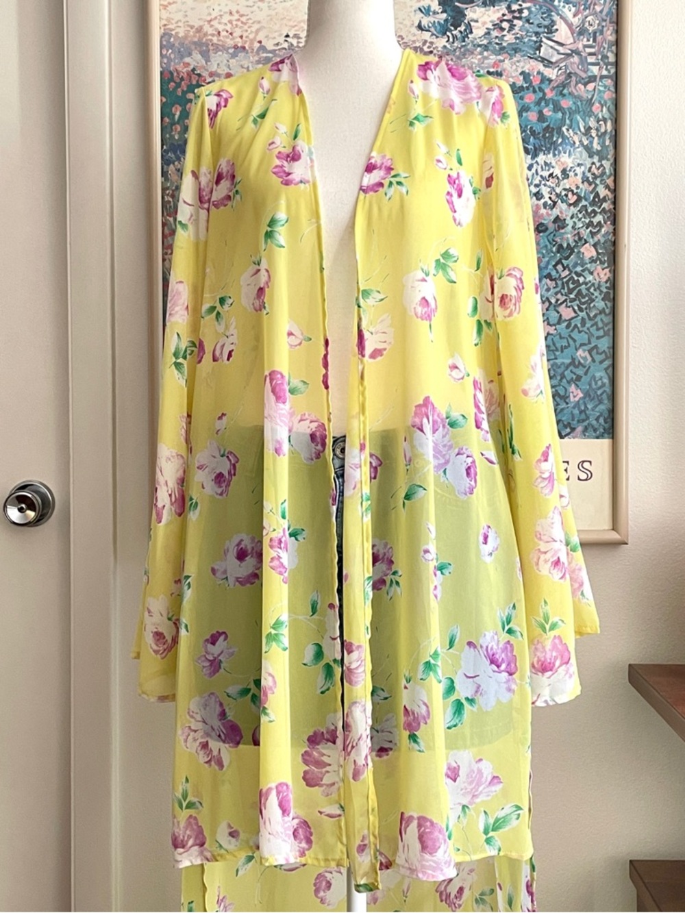 Peach Love California Kimono Womens Medium Yellow Floral Sheer Duster Boho Beach